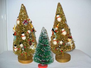 3 Vintage Bottle Brush Christmas Trees - Table Top - Flocked Tip - Decorated 13 " Japan