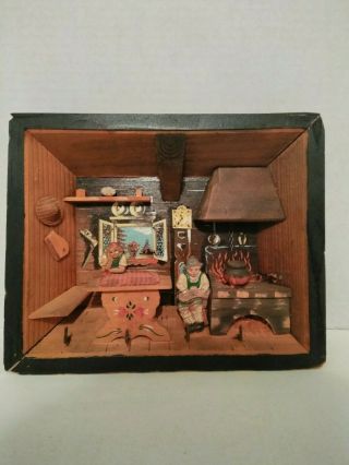 Vintage German 3d Picture Wooden Shadow Box Kitchen Scene 4 Hooks