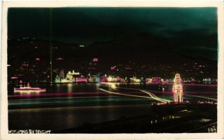 China,  Hong Kong,  Night View Of The City,  Vintage Colored Real Photo Postcard