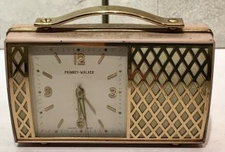 Vtg Phinney Walker Swiss Hand Bag Travel Alarm Clock Music Box Pink & Brass Case