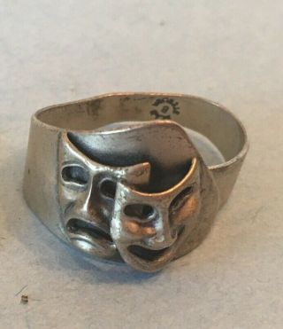 Vintage Silver Tragedy And Comedy Adjustable Ring Marked Sterling
