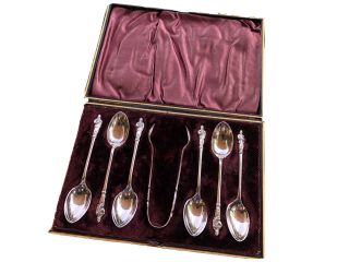 Cased Edwardian Early 1900’s English Antique Sterling Apostle Spoons And Tongs