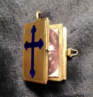 Antique Miniature Photo Book Locket Pendant Jesus Mary Angel Blue Enamel Cross