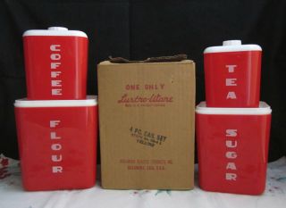 Vintage Retro Lustro Ware Red & White 4 Piece Canister Set With Lids And Box