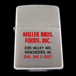 Vintage 1969 Zippo Miller Bros.  Foods Inc Winchester Va Lighter