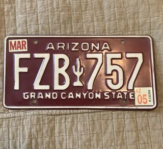 1989 Version Of The White On Maroon Arizona " Cactus " License Plate Fzb757