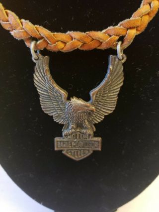 Vintage Harley Davidson Pendant Necklace Eagle On Leather Braid Mens Jewelry Vtg