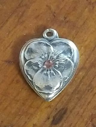 Vtg Sterling Silver Repousse Puffy Heart Charm Pink Faceted Stone Pansy