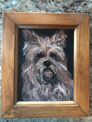 Vintage Yorkie Terrier Dog Painting Antique Framed Folk Art