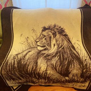 Vtg Biederlack Lion Safari Blanket Brown Tan Reversible Fleece 56”x80”