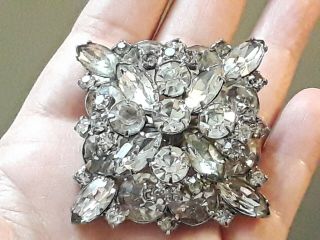 Antique Vintage Clear Rhinestone Layered Pin Brooch Silver Tone