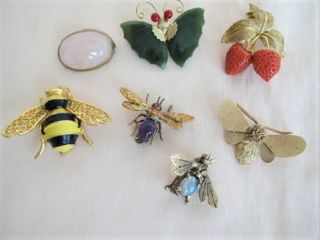 7 Vintage Or Antique Pins Brooches - Bugs,  Bees,  Butterfly & Berries