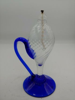 Vintage Hand Blown Italian Murano Art Glass Cobalt Blue Oil Lamp Lantern No Chip