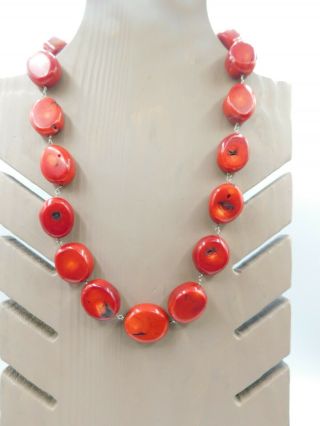 Vintage Sterling Silver 925 Natural Red Coral Necklace 19” Chunky Heavy