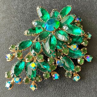 Unsigned Judy Lee Vintage Emerald Green Rhinestone Flower Brooch Pin 247