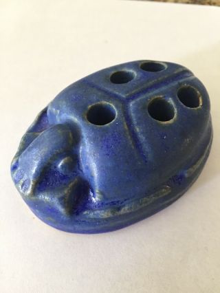 Antique Vintage Matte Pottery Blue Egytian Scarb Flower Frog