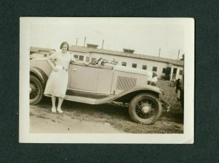 Vintage Car Photo Pretty Girl W/ 1929 Chevy Or 1930 Chevrolet Roadster 413131