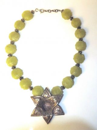 Vintage Unique Antique Carved Chinese Celadon Jade Bead Sterling Silver Necklace