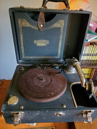 Antique Brunswick Crank Wind Up Phonograph With Record Holder,  Model 104