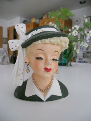 Vintage Napco C2633b,  1958 Lady Head Vase 5 3/4 " Green Jacket&hat W/white Bow