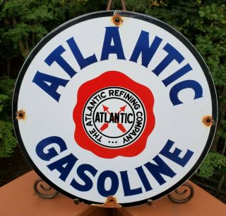 Vintage Atlantic Gasoline Porcelain Sign Gas Metal Service Station Pump Plate Ad