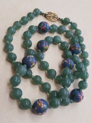 Vintage Chinese Jade Cloisonne Silver Clasp Necklace Hand Knotted 26 " Long