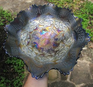FENTON Two Flowers ANTIQUE CARNIVAL ART GLASS Bowl FOOTED - LARGE BLUE 2