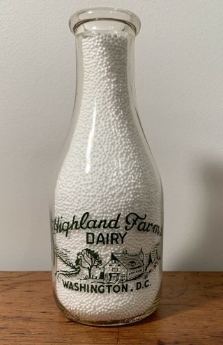 Vintage Milk Bottle Highland Farm Dairy From Washington Dc 1 Qt - Very Good