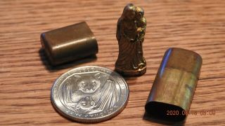 Vtg Virgin Mary Miniature Pocket Statue In Brass Case Wwii Or Wwi