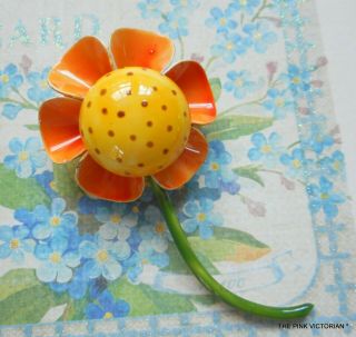 Vintage Enamel Flower Pin Signed By Robert Sweet Polka Dotted Daisy