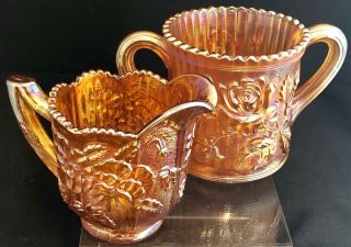 Antique Imperial Carnival Glass Dark Marigold Lustre Rose Creamer & Sugar Set