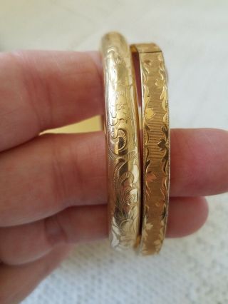 Vintage 14k Gold Filled Hinged Bangle Bracelet Etched Pair Rgp Germany
