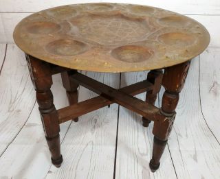 Vintage Moroccan Round Brass Table Tray With Fold Away Carved Wood Base