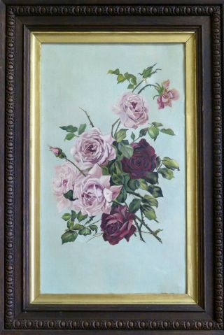 Large Antique Oil Painting Signed & Dated 1907,  Still Life Art - Roses Flowers