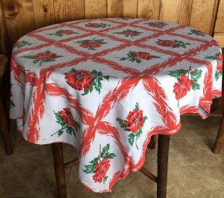 Vintage Tablecloth Floral Red 48”x 46”