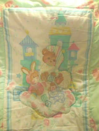 Vintage Reigel Teddy Beddy Bear Friends Crib Comforter Blanket Blue Pink 31 X 42