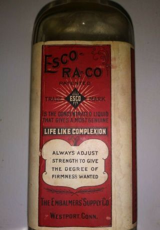 Antique Embalming Fluid Bottle Orig Label & Cap Esco - Ra - Co