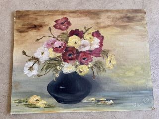 Vintage Oil Painting On Board Still Life Floral Flowers In Vase,  Signed