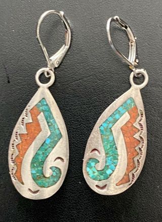 Vtg Signed Sdv S.  Dixon Navajo Native American Turquoise Coral Silver Earrings