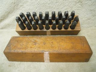 Vintage (large) 1/4 Inch Alphabet 28 Punch Stamp Set Metal Tools In Wooden Box