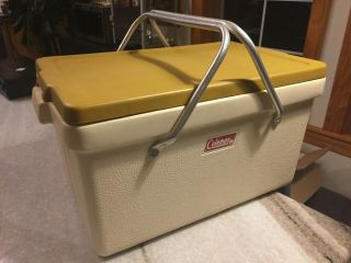 Vintage,  1970s,  Coleman Cooler With Mustard - Yellow Lid/top And Aluminum Handles