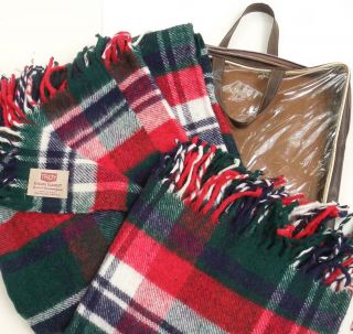 Vintage Troy Mills USA Plaid Blanket throw in bag red green 69 