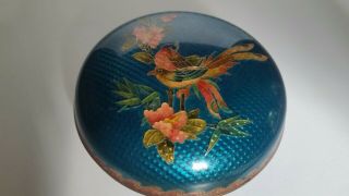 Vintage Chinese Cloisonne Enamel Brass Round Trinket Box Floral W/birds - Blue