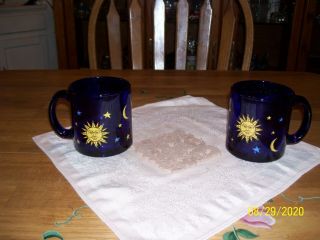 2 Vintage Libbey Colbalt Blue Celestial Sun Moon Stars Glass Coffee Mugs Usa