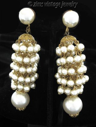 Vintage Long Brass Gold Filigree Pearl Chandelier Fringe Dangle Earrings Clip
