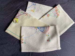 4 Vintage Crinoline Lady Hand Embroidered Cream Irish Linen Trolley Tray Cloths