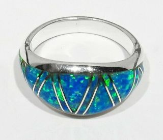Vintage Signed Zuni 925 Silver Green & Blue Channel Inlaid Opal Ring 7