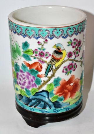 Old Chinese Porcelain Flowers & Song Bird Brush Pot 5.  5 " Hand Drawn