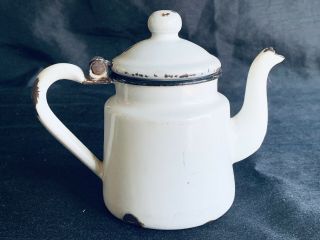 Vintage White With Blue Trim Enamel Ware 4.  5” Salesmen Sample Teapot