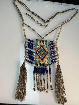 Vintage 14” Grande Tribal Pendant Necklace Native American Tassel Adj Length